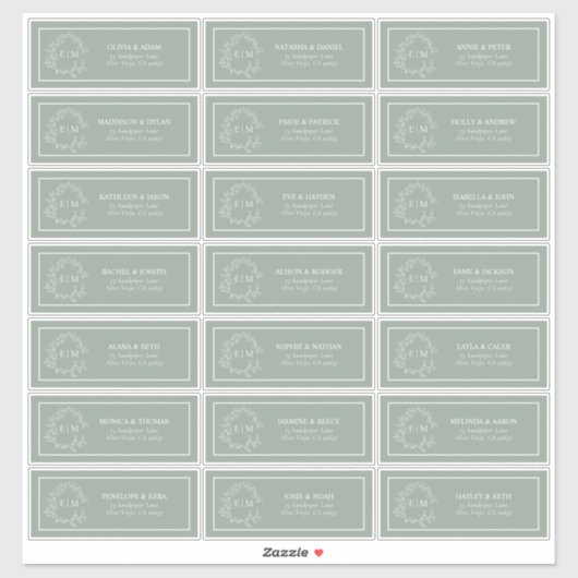 Sticker Sage Green Leafy Crest Monogram Adresse du client (Feuille)