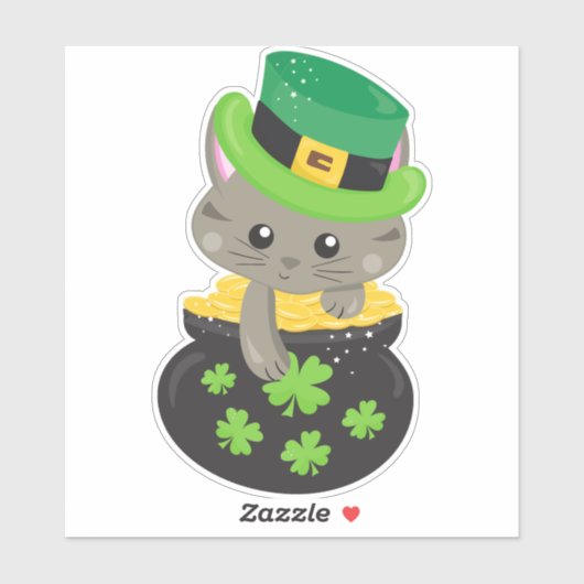 Sticker Saint Patrick's Day Chat, Clovers, Pot D'Or (Feuille)