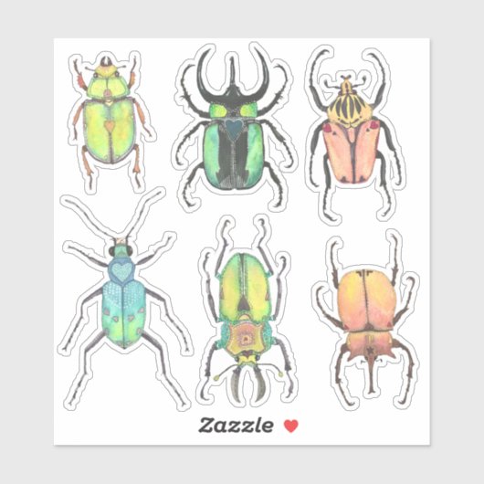 Sticker Saint Valentin Amour Bugs Aquarelle Beetles (Feuille)