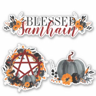 Sticker Samhain Pentacle et Citrouilles à la florale noire