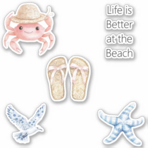 Sticker Sandales Rose Crabe Plage Étoile de Mer Bleue Oise