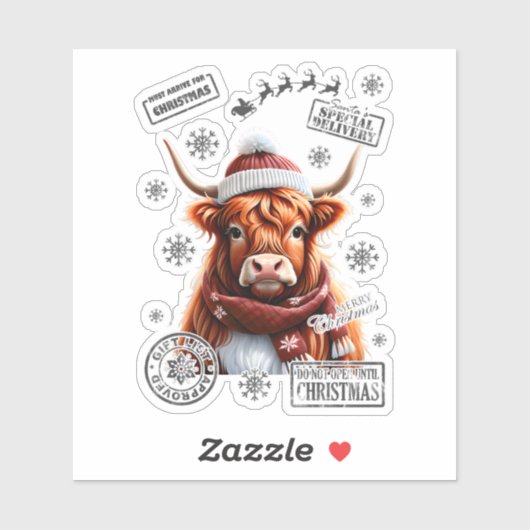 Sticker Santa Hat Highland Cow pour Noël (Feuille)