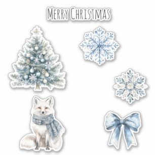 Sticker Sapin de Noël bleu hiver Renard Flocons de neige A