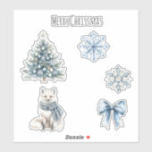Sticker Sapin de Noël bleu hiver Renard Flocons de neige A (Feuille)
