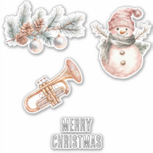 Sticker Sapin de Noël Rose Cônes de Pin Ornements Trompett