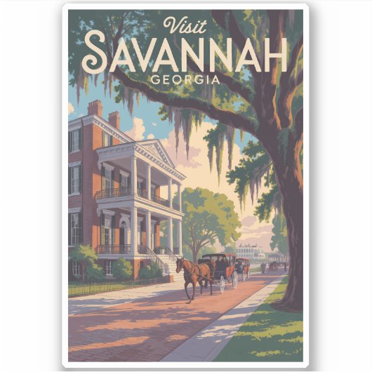 Sticker Savannah Georgia Horse Carriage Illustration Retro (Devant)