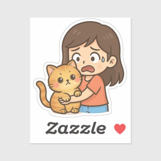 Sticker Scared Girl Hugging Her Cat (Feuille)