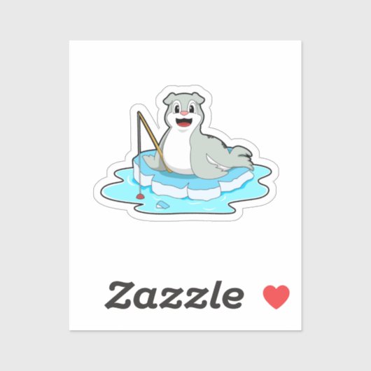 Sticker Sceau à la pêche avec canne à pêche (Feuille)