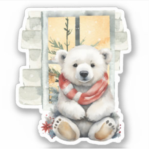 Sticker Scène de Noël cosy Ours Polaire Rouge Écharpe