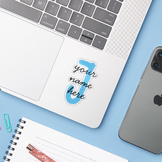 Sticker Script mignon | Crayons bleus | Monogramme personn (Ordinateur portable avec iPhone)