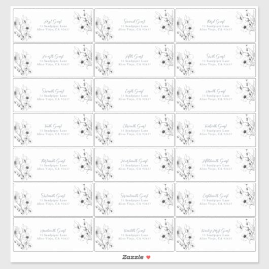 Sticker Script moderne Black White Floral Adresse d'hôte (Feuille)