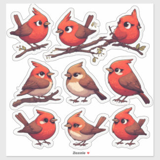 Sticker Set d'autocollants de Cardinal mignon et d'oiseaux