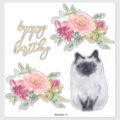 Sticker Siamese Cat Illustration joyeuse fête de fille d'a (Feuille)