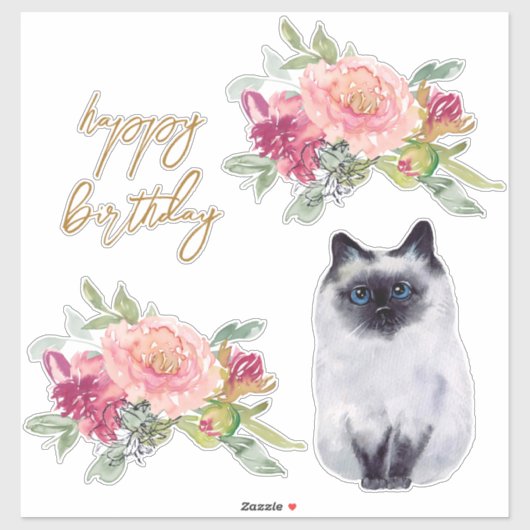 Sticker Siamese Cat Illustration joyeuse fête de fille d'a (Feuille)