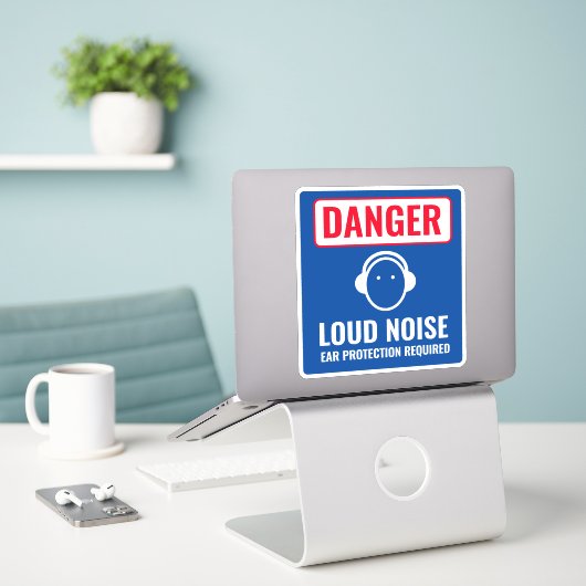 Sticker Signal de danger sonore fort. Protection de l'orei (Ordinateur portable sur le bureau)