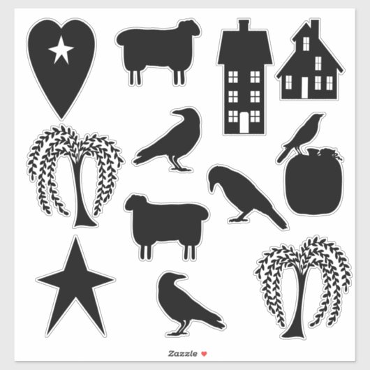 Sticker Silhouettes Prim Crows Saltbox Maisons et arbres (Feuille)