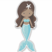Sticker Sirène Afro-Américaine, Mignonne Sirène, Queue Ble (Devant)