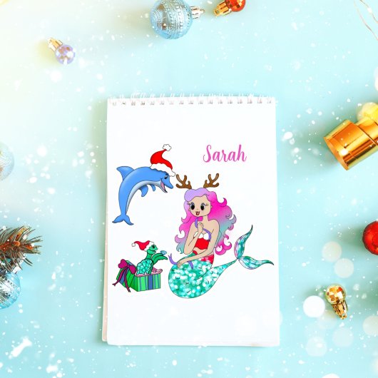 Sticker Sirène de Noël ouvrant des cadeaux 