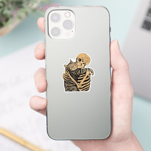 Sticker  Skeleton Hugging Cat – Cute Gothic Cat Lover Gift (Téléphone)