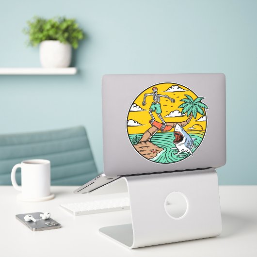 Sticker Skeleton Skateboard Dude Stranded Island Shark (Ordinateur portable sur le bureau)