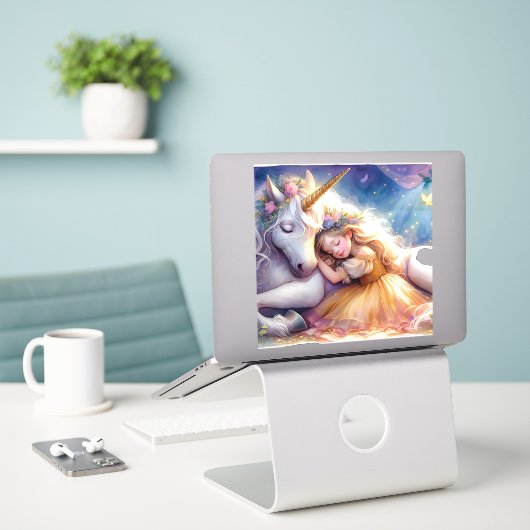 Sticker Sleeping Girl Unicorn Dreamscape (Ordinateur portable sur le bureau)