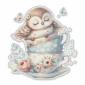 Sticker Sleeping Owl in Stacked Floral Teacups (Devant)