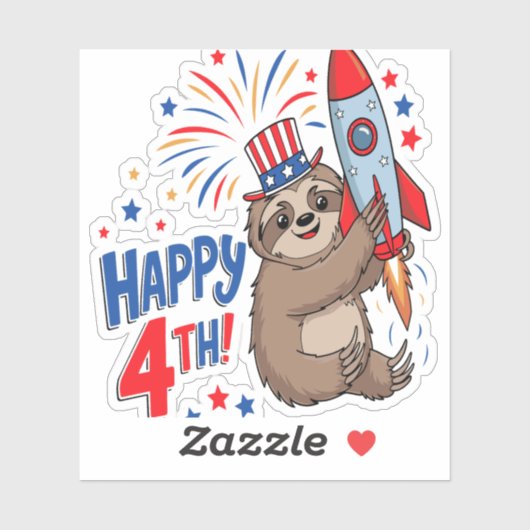 Sticker Sloth Happy 4th Rocket Fireworks USA (Feuille)