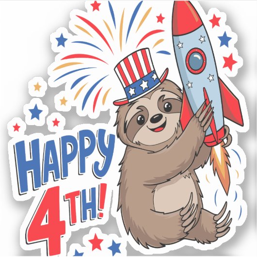 Sticker Sloth Happy 4th Rocket Fireworks USA (Devant)