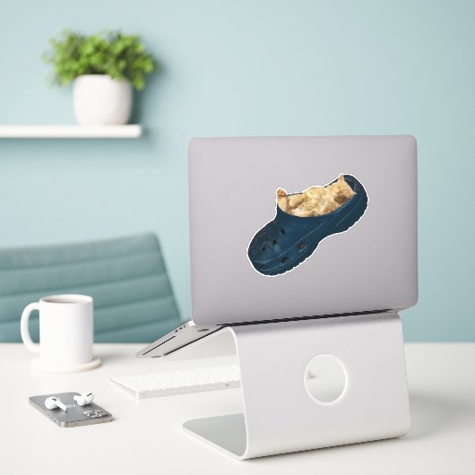 Sticker "Snug as a Bug : The Kitten's Croc Nap" (Ordinateur portable sur le bureau)