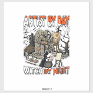 Sticker Sorcière de jour d'artiste Nuit d'Halloween Peintr