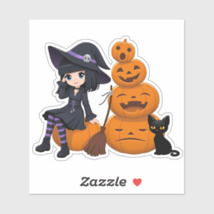Sticker Sorcière d'Halloween, chat noir et citrouilles