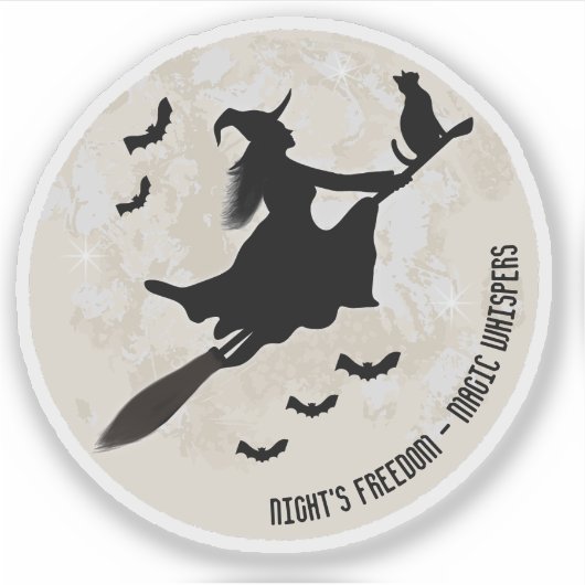 Sticker sorcière et chat volant sur un balai (Devant)