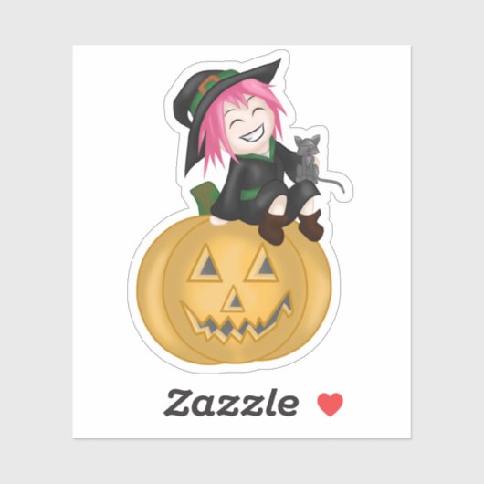 Sticker Sorcière mignonne avec un Citrouille (Feuille)
