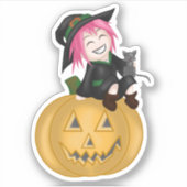 Sticker Sorcière mignonne avec un Citrouille (Devant)