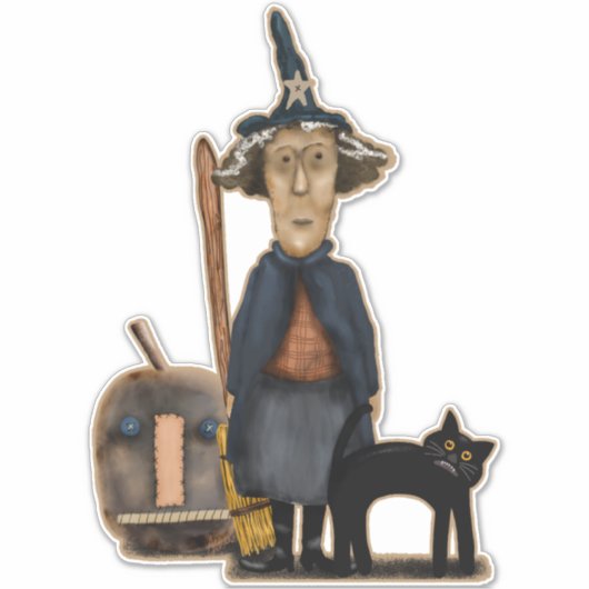 Sticker Sorcière Prim avec Citrouille Broom Chat Cute Hall (Devant)