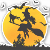 Sticker Sorcière sur un balai Halloween éffrayant (Devant)