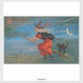 Sticker Sorcière volant avec chat noir la nuit d'Halloween (Feuille)