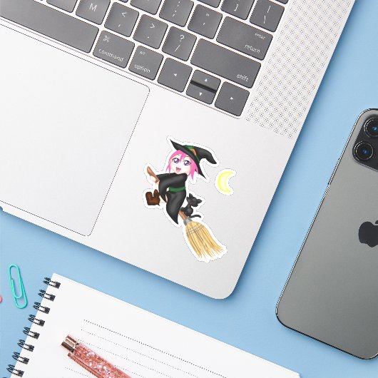 Sticker Sorcière volante mignonne (Ordinateur portable avec iPhone)