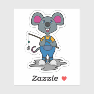Sticker Souris comme Fisher avec une baguette de pêche