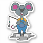 Sticker Souris comme Fisher avec une baguette de pêche (Devant)