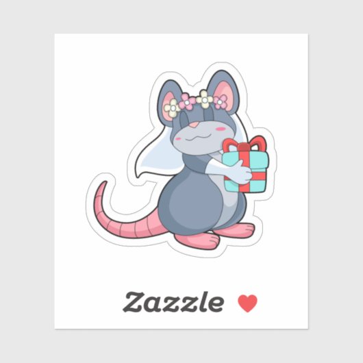 Sticker Souris comme mariée avec voile & cadeau.PNG (Feuille)
