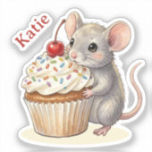 Sticker Souris d'anniversaire avec Cupcake | Personnalisé (Recto)