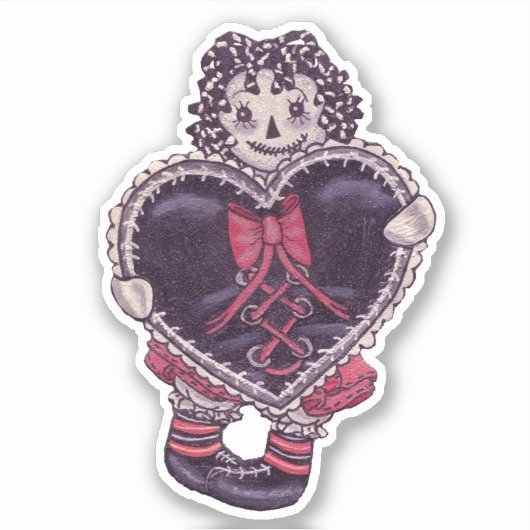 Sticker Spooky Rag Doll Yarn Hair Big Black Heart Red Bow (Devant)