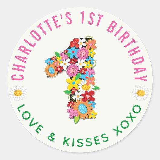 Sticker Spring Flowers One Girl 1st Birthday Party (Devant)
