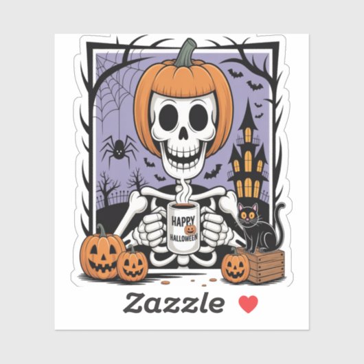 Sticker Squelette citrouille Boire Café (Feuille)