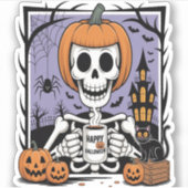 Sticker Squelette citrouille Boire Café (Devant)