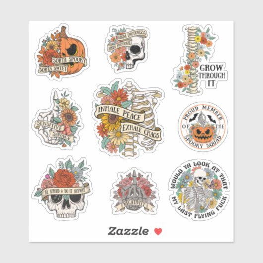 Sticker Squelette Citrouille d'Halloween floral (Feuille)