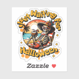 Sticker Squelette drôle attendant Halloween sur la plage