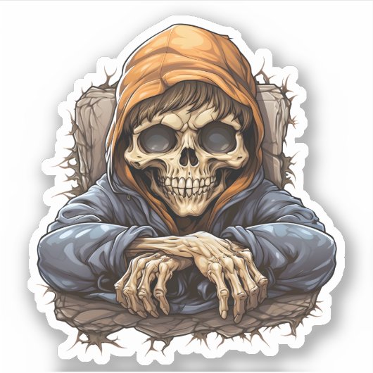 Sticker Squelette Ennuyé Assis En Cool Forêt Squelette (Devant)