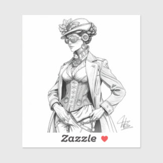 Sticker Steampunk Elegance: Intricate Black & White Fashio